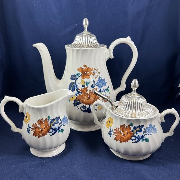 Mid-Century Myott English Tea Set 4-Piece W/ Floral Design Includes Teapot Cream - Picture 1 of 11